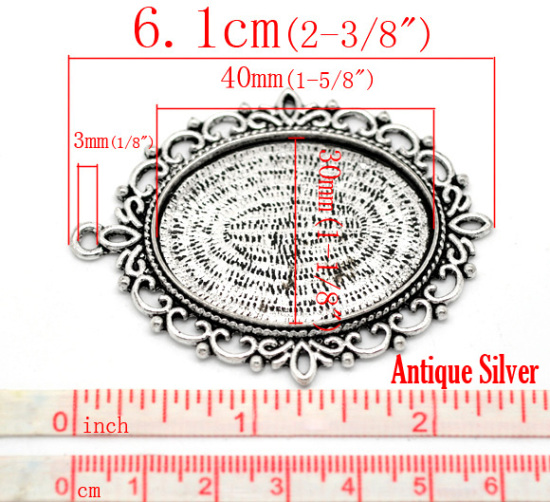 Bild von Zinklegierung Cabochon Fassung Anhänger Oval Antiksilber (für 4cm x 3cm) 6.1cm x 4.8cm 5 Stück