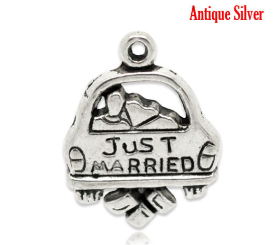 Image de Breloques en Alliage de Zinc Voiture Argent Vieilli Gravé Mots " JUST MARRIED " 20mm x 16mm, 30 Pcs