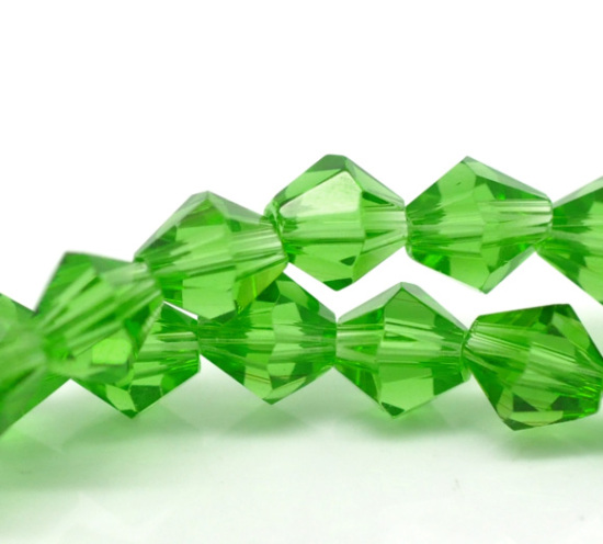 Picture of Crystal Glass Loose Beads Bicone Green Transparent Faceted About 6mm x 6mm, Hole: Approx 1mm, 30cm long, 2 Strands (Approx 50 PCs/Strand)