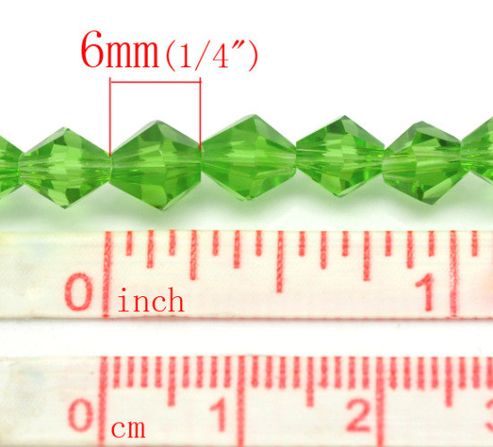 Picture of Crystal Glass Loose Beads Bicone Green Transparent Faceted About 6mm x 6mm, Hole: Approx 1mm, 30cm long, 2 Strands (Approx 50 PCs/Strand)