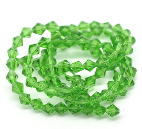 Picture of Crystal Glass Loose Beads Bicone Green Transparent Faceted About 6mm x 6mm, Hole: Approx 1mm, 30cm long, 2 Strands (Approx 50 PCs/Strand)