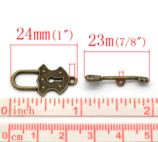 Bild von Zinklegierung Knebelverschluss Schloss & Schlüssel Bronzefarbe 24mm x 13mm 23mm x 8mm 30 Sets