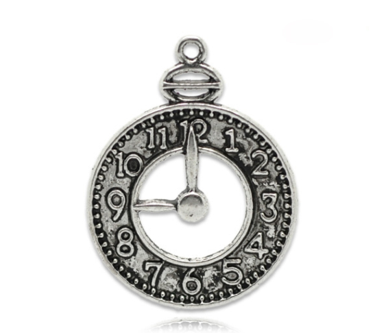 Immagine di Lega di Zinco Charm Ciondoli Orologio Argento Antico Nulla Disegno 3.2cm x 24.0mm, 20 Pz