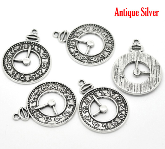 Immagine di Lega di Zinco Charm Ciondoli Orologio Argento Antico Nulla Disegno 3.2cm x 24.0mm, 20 Pz
