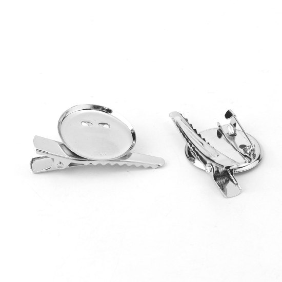 Picture of Iron Based Alloy Alligator Prong Clip & Pin Brooches Findings Round Silver Tone Cabochon Settings (Fits 22mm Dia.) 4cm x2.3cm(1 5/8" x 7/8"), 20 PCs