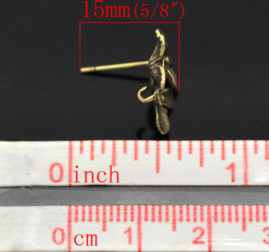 Immagine di Ottone Orecchini a Perno Fiore Tono del Bronzo Nulla Disegno Colore Placcato 15mm x 14mmposta / filo: ( 0.7mm )， 10 Pz