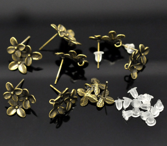 Immagine di Ottone Orecchini a Perno Fiore Tono del Bronzo Nulla Disegno Colore Placcato 15mm x 14mmposta / filo: ( 0.7mm )， 10 Pz