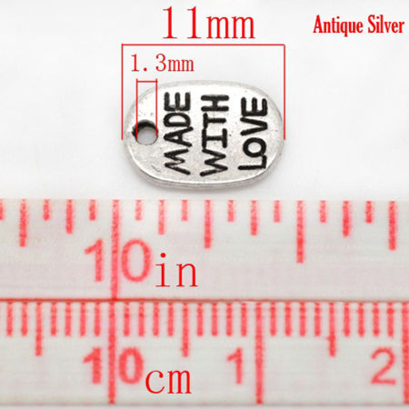 Imagen de Colgantes Aleación del Metal Del Zinc de Óvalo,Mensaje Plata Antigua Rhinestone Hecho con amor Carved 11.0mm x 8.0mm, 200 Unidades 