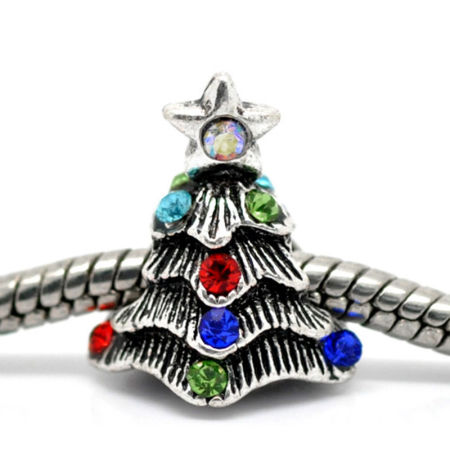Zinc Metal Alloy European Style Large Hole Charm Beads Christmas Tree Antique Silver Color Multicolor Rhinestone About 16mm x 14mm, Hole: Approx 4.7mm, 10 PCS