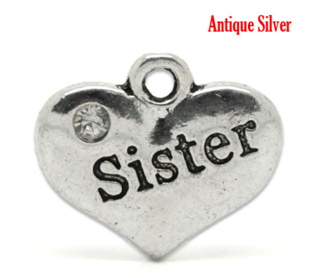 Imagen de Colgantes Aleación del Metal Del Zinc de Corazón,Mensaje Plata Antigua Rhinestone Blanco Hermana Carved 16.0mm x 14.0mm, 20 Unidades