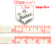 Picture of Zinc Based Alloy Charms Heart Antique Silver Color Message " Sister " Carved Clear Rhinestone 6mm( 5/8") x 14mm( 4/8"), 20 PCs