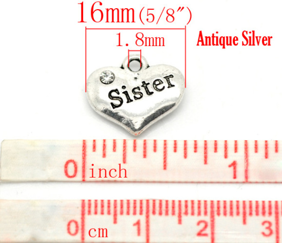 Picture of Zinc Based Alloy Charms Heart Antique Silver Color Message " Sister " Carved Clear Rhinestone 6mm( 5/8") x 14mm( 4/8"), 20 PCs