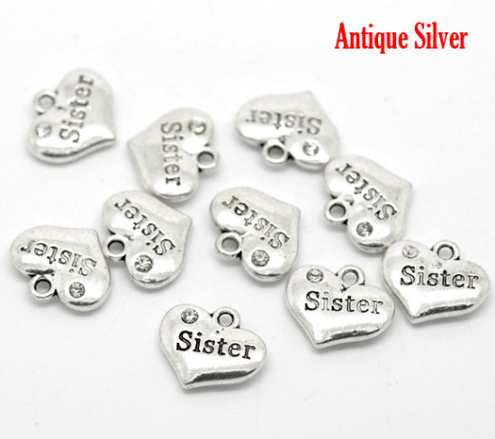 Picture of Zinc Based Alloy Charms Heart Antique Silver Color Message " Sister " Carved Clear Rhinestone 6mm( 5/8") x 14mm( 4/8"), 20 PCs