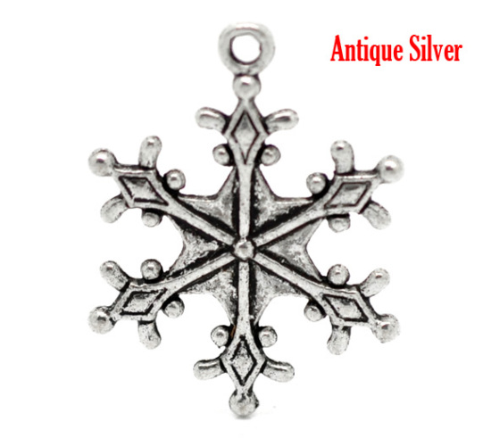 Picture of Antique Silver Color Christmas Snowflake Charms Pendants 29x22mm(1-1/8"x7/8"), sold per packet of 30