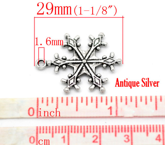 Picture of Antique Silver Color Christmas Snowflake Charms Pendants 29x22mm(1-1/8"x7/8"), sold per packet of 30