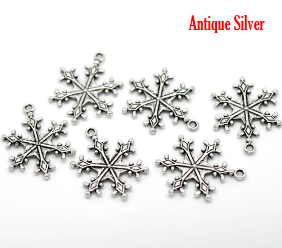 Picture of Antique Silver Color Christmas Snowflake Charms Pendants 29x22mm(1-1/8"x7/8"), sold per packet of 30