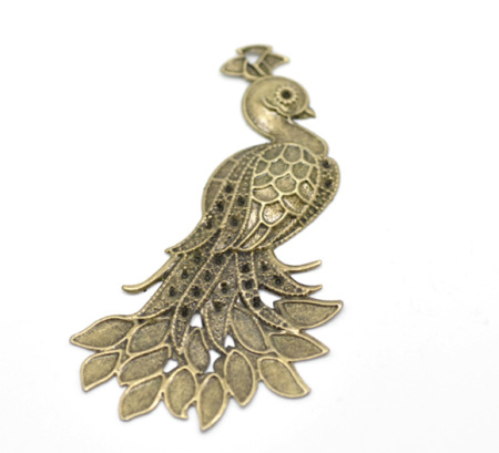 Imagen de Colgantes Aleación del Metal Del Zinc de Pavo Real Tono Bronce Rhinestone 7.0cm x 4.2cm, 30 Unidades 