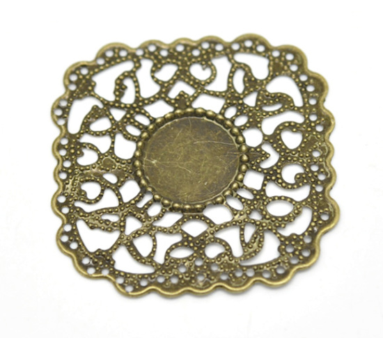 Picture of Iron Based Alloy Filigree Stamping Embellishments Findings Square Antique Bronze Cabochon Settings (Fit 14.5mm Dia.) Flower Hollow Carved 4.5cm(1 6/8") x 4.3cm(1 6/8"), 30 PCs