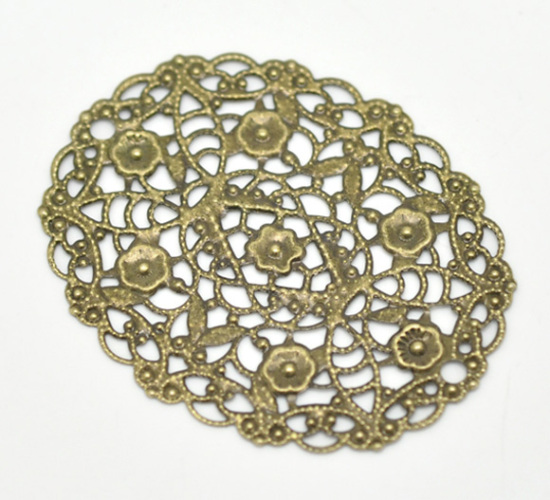 Image de Cabochons d'Embellissement Estampe en Filigrane Creux en Alliage de Fer Ovale Fleurs Bronze Antique 5cm x 4cm, 30 Pcs