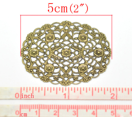 Image de Cabochons d'Embellissement Estampe en Filigrane Creux en Alliage de Fer Ovale Fleurs Bronze Antique 5cm x 4cm, 30 Pcs
