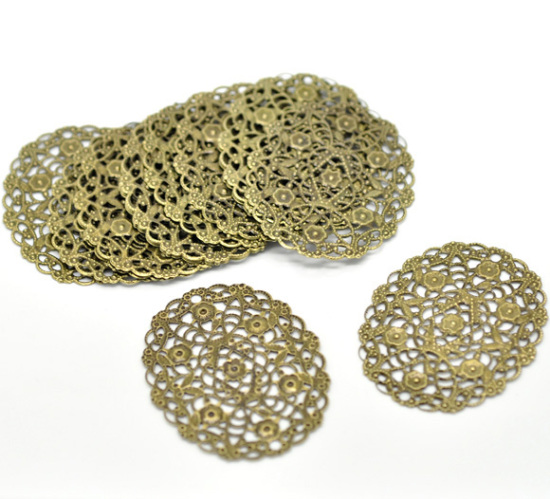 Image de Cabochons d'Embellissement Estampe en Filigrane Creux en Alliage de Fer Ovale Fleurs Bronze Antique 5cm x 4cm, 30 Pcs