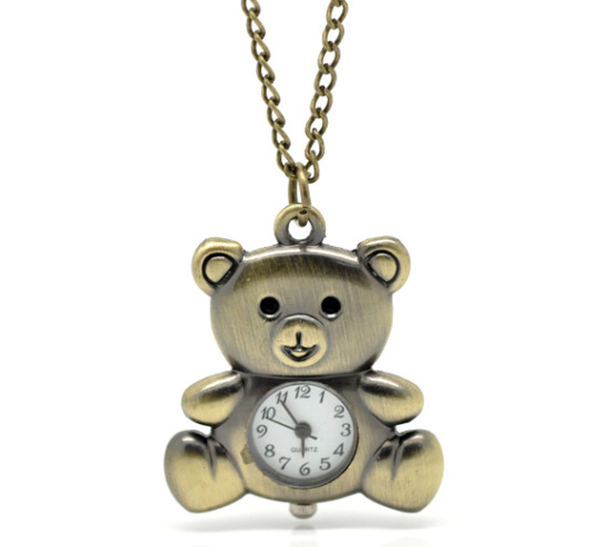 Picture of Vintage Antique Bronze Necklace Chain Bear Quartz Pocket Watch(Battery Included) 85cm(33-1/2") long, sold per packet of 1