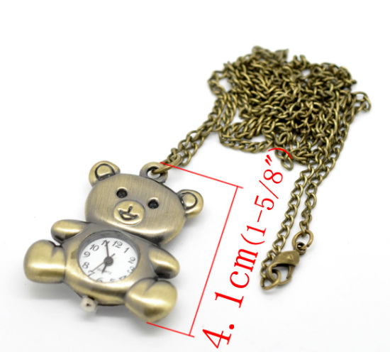 Picture of Vintage Antique Bronze Necklace Chain Bear Quartz Pocket Watch(Battery Included) 85cm(33-1/2") long, sold per packet of 1