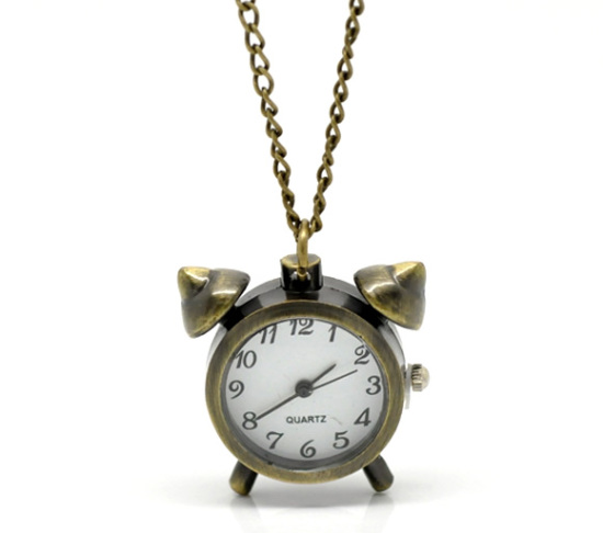 Picture of Antique Bronze Necklace Chain Alarm Clock Quartz Pocket Watch(Battery Included) 83cm(32-5/8") long, sold per packet of 1