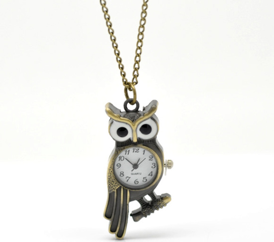 Picture of Antique Bronze Necklace Chain Owl Quartz Pocket Watch(Battery Included) 85cm(33-1/2") long, sold per packet of 1