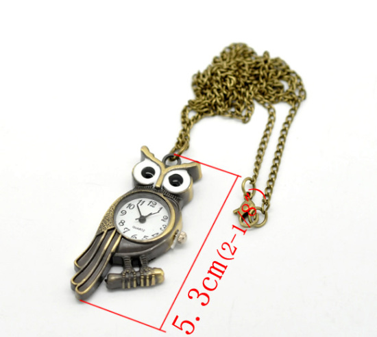 Picture of Antique Bronze Necklace Chain Owl Quartz Pocket Watch(Battery Included) 85cm(33-1/2") long, sold per packet of 1