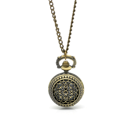 Picture of Vintage Antique Bronze Necklace Chain Round Quartz Pocket Watch Battery Included 84cm(33-1/8"), sold per packet of 1
