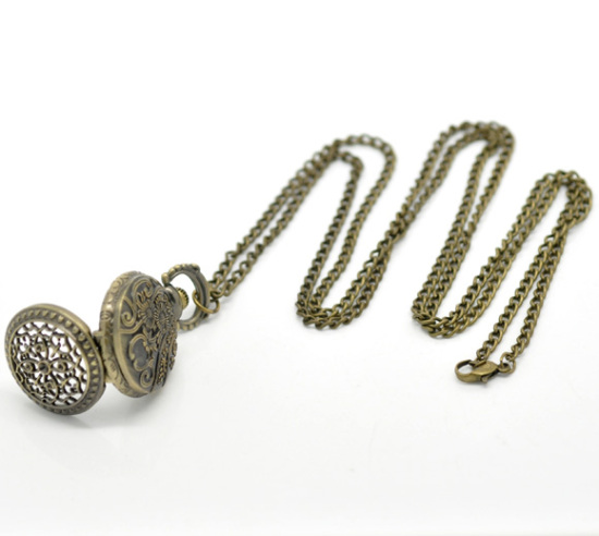 Bild von Bronzefarben Halskette Rund Quarz Taschenuhr Uhr mit Batterie 84cm lang.Verkauft eine Packung mit 1 Stück