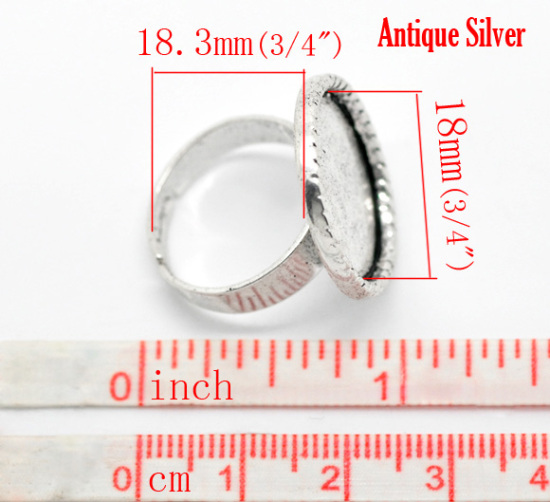 Picture of Zinc Based Alloy Adjustable Cabochon Settings Rings Round Antique Silver Color (Fits 18mm Dia) 18.3mm( 6/8")(US Size 8), 10 PCs