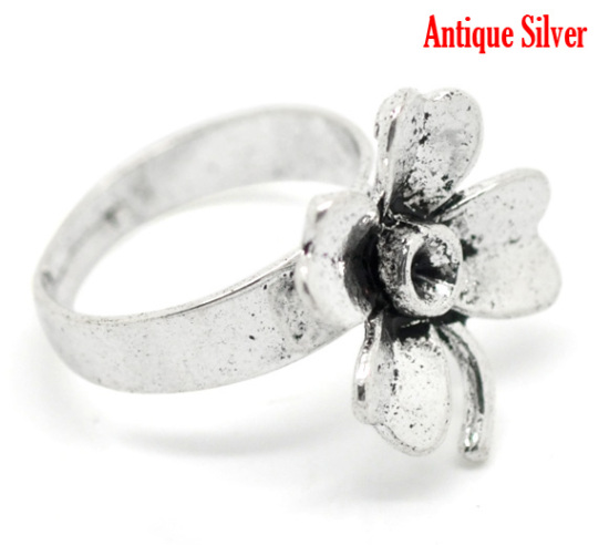 Picture of Zinc Based Alloy Adjustable Rings Antique Silver Color Flower (Can Hold ss12 Pointed Back Rhinestone) 18.3mm(3/4")(US Size 8), 10 PCs