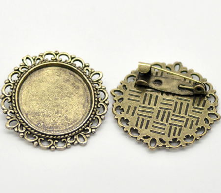 Zinc Based Alloy Pin Brooches Findings Round Antique Bronze Cabochon Settings (Fits 20.5mm Dia.) 3.2cm(1 2/8") Dia., 2 PCs