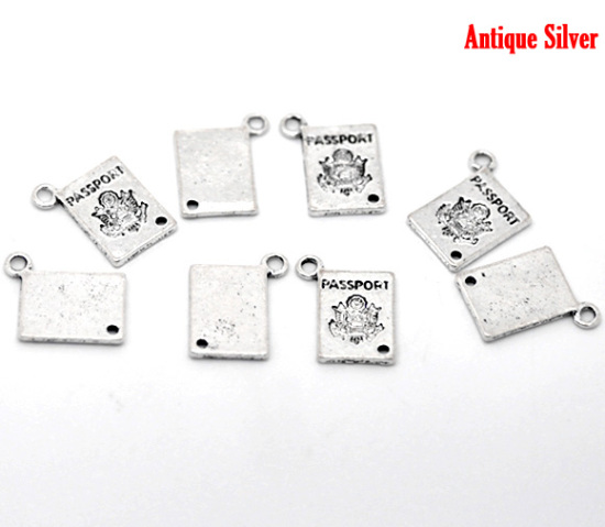 Bild von Zinklegierung Charm Anhänger Pass Antiksilber Message " passport " 18mm x 12mm, 40 Stück