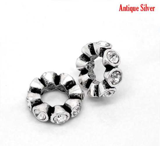 Picture of Zinc Metal Alloy European Style Large Hole Charm Rondelle Beads Round Antique Silver Clear Rhinestone About 12mm Dia, Hole: Approx 6mm, 20 PCs