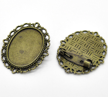 Imagen de Pin Broches Soporta a cabachones Aleación de Metal de Zinc + Aleación de Óvalo,Tono Bronce Cabochon Ajustes (Apta 25mm x 18mm) 36mm x 29mm, 10 Unidades