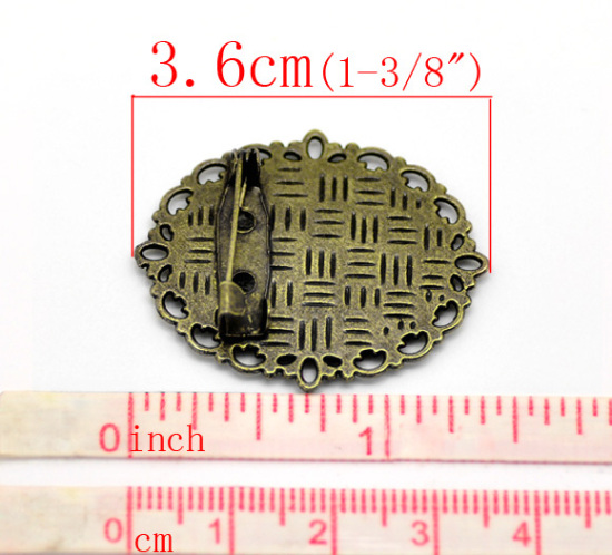 Bild von Zinklegierung Sicherheitsnadel Brosche Oval Bronzefarbe für 25mm x 18mm Cabochon, 36mm x 29mm, 10 Stücke