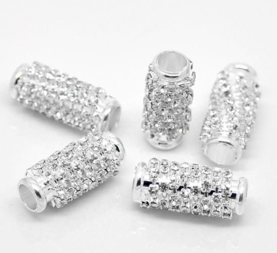 Picture of Zinc Based Alloy European Style Large Hole Charm Beads Silver Plated Cylinder Clear Rhinestone 23mm x 10mm, Hole: Approx 5.5mm, 5 PCs