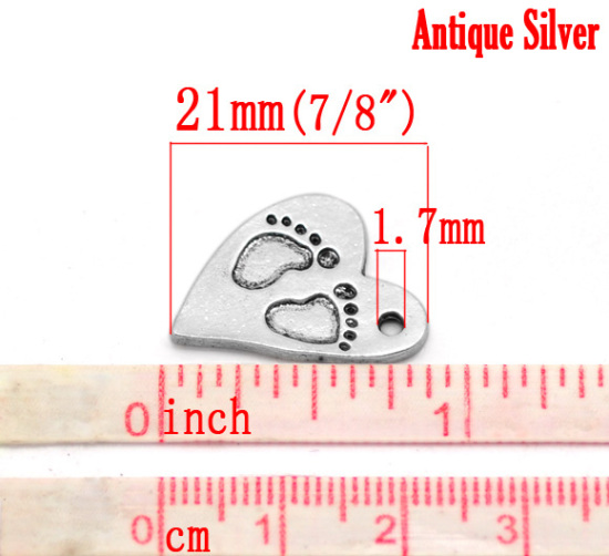 Imagen de 2 Unidades Zamak Colgantes Plata Antigua Corazón Pies 21mm x 15mm