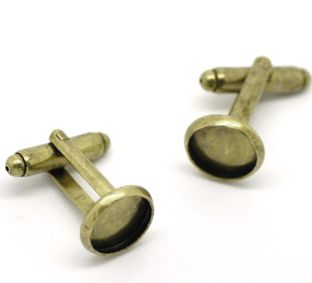 10 PCs Brass Cuff Links Round Antique Bronze Cabochon Settings (Fits 10mm Dia.) 26mm x 12mm