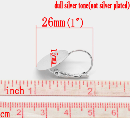 Image de 4 Pcs Boucles d'Oreilles Dormeuse Supports à Cabochons en Alliage de Fer Rond Argent Mat Coller sur (Convenable à 15mm Dia) 26mm x 15mm, Epaisseur de Fil: (19 gauge)