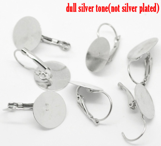 Image de 4 Pcs Boucles d'Oreilles Dormeuse Supports à Cabochons en Alliage de Fer Rond Argent Mat Coller sur (Convenable à 15mm Dia) 26mm x 15mm, Epaisseur de Fil: (19 gauge)