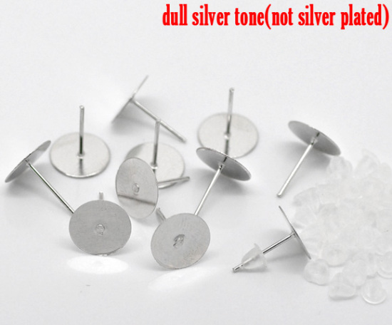 Picture of Iron Based Alloy Ear Post Stud Earrings Findings Round Silver Tone 12mm x 10mm, Post/ Wire Size: (20 gauge), 300 PCs