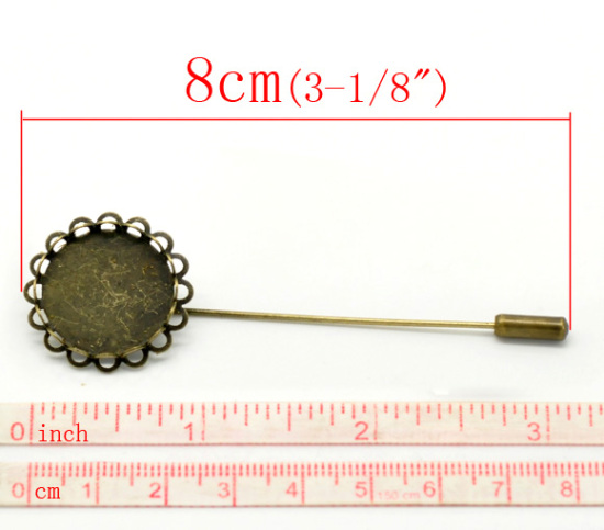 Picture of Zinc Based Alloy Stick Pin Brooches Findings Round Antique Bronze Cabochon Settings (Fits 20mm Dia.) 80mm(3 1/8") x 25mm(1"), 20 PCs