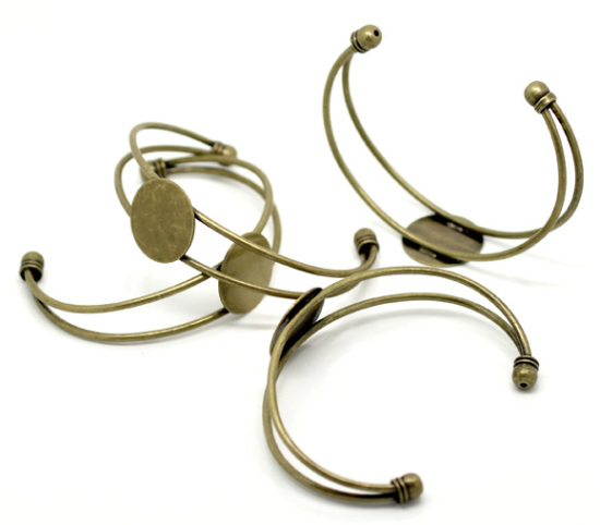 Picture of Brass Open Cuff Bangles Bracelets Antique Bronze Round Cabochon Setting (Fit 20mm Dia) 16cm(6 2/8") long, 4 PCs                                                                                                                                               