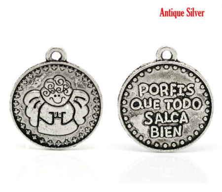 Imagen de Colgantes Aleación del Metal Del Zinc de Ronda,Mensaje Plata Antigua Rhinestone PORFIS QUE TODO SALGA BIEN Carved 22.0mm x 19.0mm, 30 Unidades