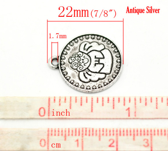 Immagine di Lega di Zinco Charm Ciondoli Tondo Argento Antico Lettere Disegno Messaggio PORFIS QUE TODO SALCA BIEN Intagliato 22.0mm x 19.0mm, 30 Pz