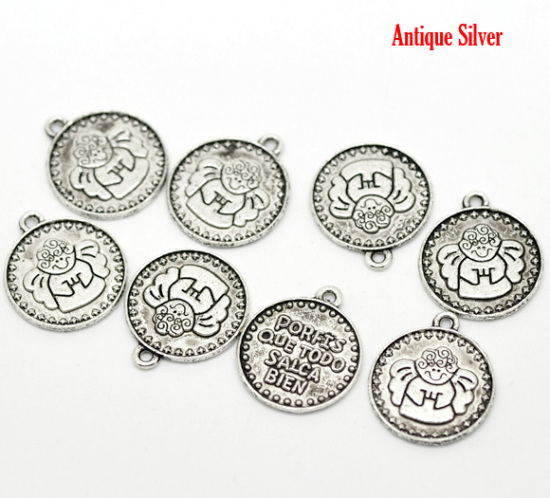 Immagine di Lega di Zinco Charm Ciondoli Tondo Argento Antico Lettere Disegno Messaggio PORFIS QUE TODO SALCA BIEN Intagliato 22.0mm x 19.0mm, 30 Pz